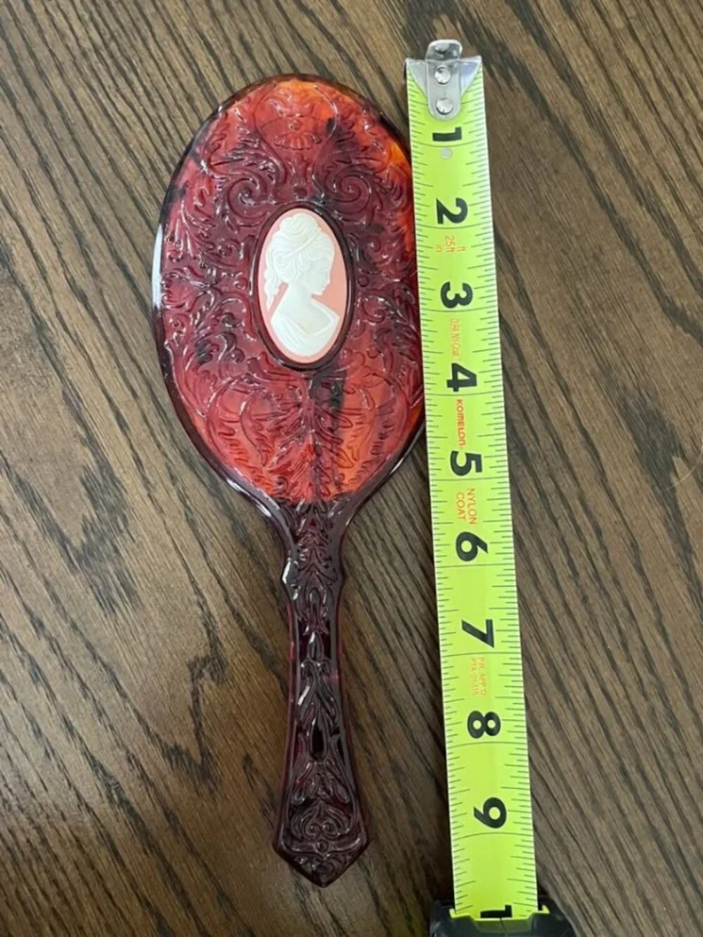 Vintage 70’s Cameo Amber Lucite Hand Mirror Ornate Handle Vanity